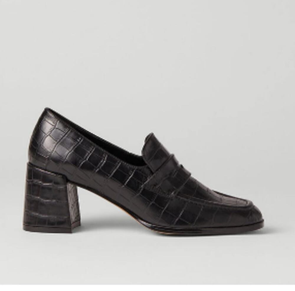 NWOB Ann Taylor Croc Embossed Leather Block Heel Loafer Pumps Black 7.5